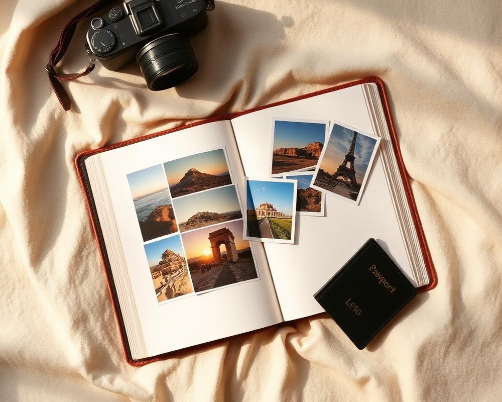 Diário de viagem aberto com fotos e passaporte