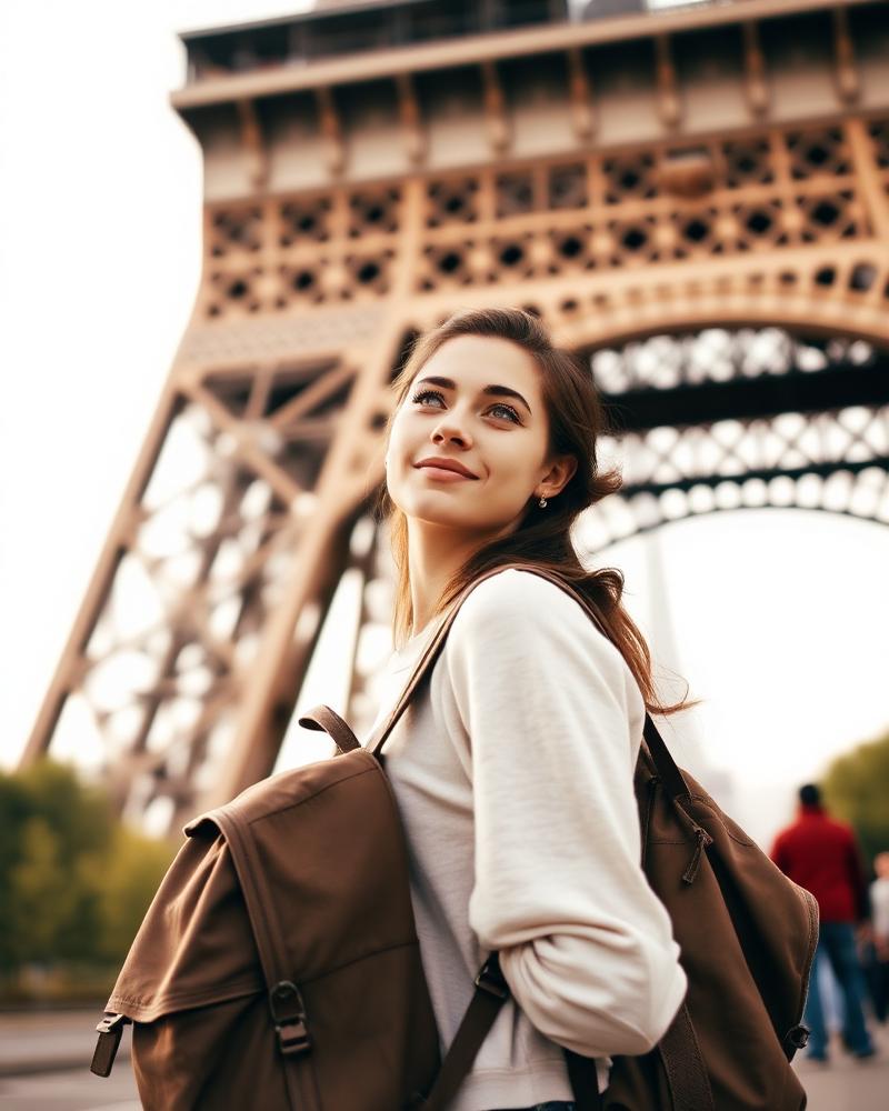 Viajante em frente à Torre Eiffel